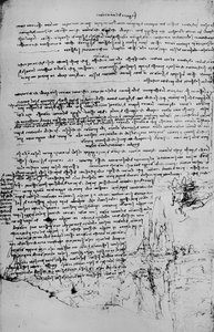 Seite mit Text und Skizzen einer Landschaft, ca. 1480, 1945