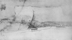 Plan eines Damms zur Umleitung des Arno, um 1480 von Leonardo da Vinci