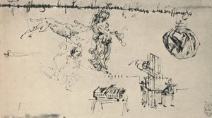 Blatt mit Studien einer jungen Frau, eines Wolfs usw., um 1480, 1945 von Leonardo da Vinci