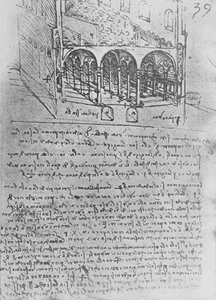 Skizzenentwurf für einen Stall, um 1480 1945 von Leonardo da Vinci
