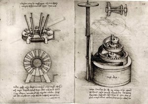 Studien zur Mechanik; rechts Triebfeder einer Uhr von Leonardo da Vinci