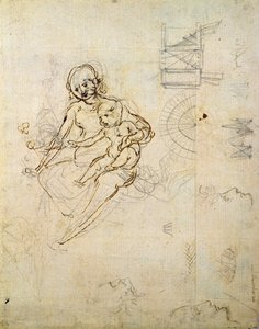 Studien für eine Jungfrau mit Kind und von Köpfen im Profil und Maschinen, ca. 1478-80