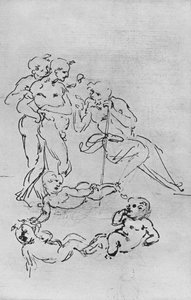 Studien von Figuren und Putti für eine Anbetung, um 1481 von Leonardo da Vinci