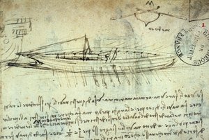 Studie eines Bootes mit einer Reihe von Rudern von Leonardo da Vinci (1452 - 1519). Zeichnung mit Feder und Tinte. Manuskript. Bibliothek des Institut de France. Paris.