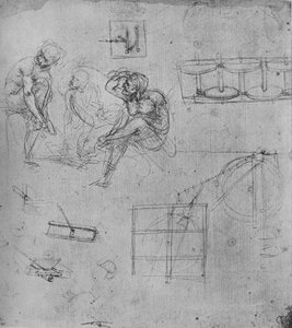 Drei sitzende Figuren und Studien von Maschinen, 1480-1481, 1945 von Leonardo da Vinci