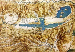 Topografische Ansicht der Landschaft um die Ebene von Arezzo und das Val di Chiana, frühes 16. Jahrhundert
