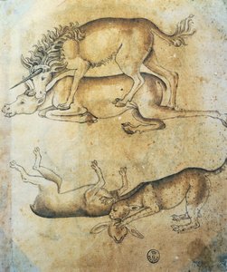 Einhorn greift eine Kuh an und Leopard greift ein Schaf an, Tierstudie, von Leonardo da Vinci von Leonardo da Vinci