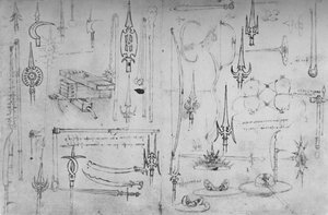 Verschiedene Waffen zum Angriff und zur Verteidigung, ca. 1480 1945 von Leonardo da Vinci