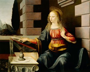 Jungfrau Maria, Detail aus der Verkündigung, c.1475 (Detail) von Leonardo da Vinci