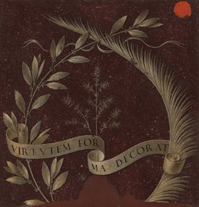 Kranz aus Lorbeer, Palme und Wacholder mit einer Schriftrolle, beschriftet Virtutem Forma Decorat [Rückseite] von Leonardo da Vinci