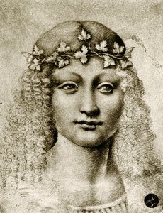 Kopf eines Mädchens mit Weinlaub gekrönt von Leonardo da school of Vinci