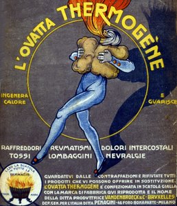 Werbung für thermogene Baumwolle zur Heilung von Erkältungen, inneren Schmerzen, Rheuma, Husten, Neuralgie und Hexenschuss. Zeichnung von L. Cappiello (1875 - 1942) Italien, 20. Jahrhundert von Leonetto Cappiello