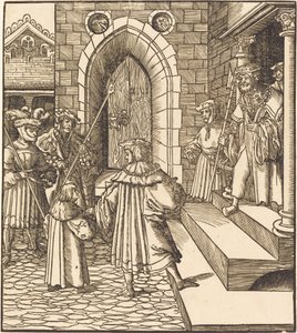Drei Männer und ein Junge im Hof eines Schlosses, rechts drei Männer auf einer Treppe von Leonhard Beck