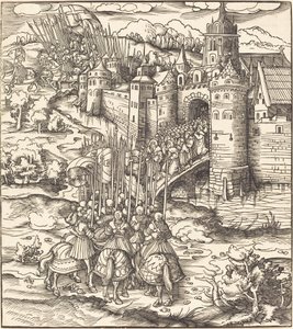 Verschiedene Männer, die auf einer Brücke vor einer Stadt knien von Leonhard Beck
