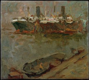 Schute am Pier, zwei Passagierdampfer im Hintergrund von Leonhard Sandrock