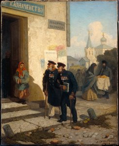 Der Tag der Pension - Zwei invalide Veteranen mit ihren militärischen Auszeichnungen gehen zur Bank, um ihre Rente abzuholen. Vor der Bank beobachtet sie ein kleines bettelndes Mädchen. von Leonid Ivanovich Solomatkin