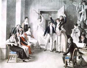Musikalisches Treffen der Schubertianer. Schubert sitzt auf dem Stuhl rechts. Aquarell von Kupelniesen von Leopold Kupelwieser