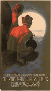 Deutsches Poster, das die Internationale Ausstellung 1906 in Mailand bewirbt, organisiert zur Feier der Eröffnung des transalpinen Simplontunnels