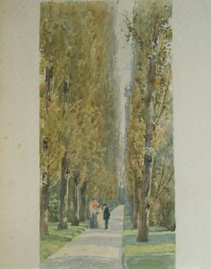 Giuseppe Verdi im Gespräch mit Freunden entlang der Allee in seiner Villa in Sant