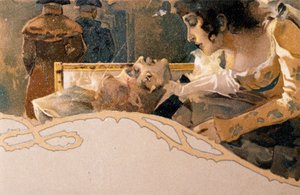 Postkarte illustriert von Leopoldo Metlicovitz (1868-1944) mit Szenen aus Tosca, Oper von Giacomo Puccini (1858-1924)