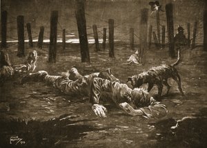 Sergeant Burge täuscht den Tod vor, als er von einem Hund vor den Drahtverhauen des Feindes entdeckt wird