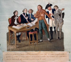 Junge Männer für den Vendée-Krieg fordernd (ein Vater zeigt seinen unfähigen Sohn und nimmt seinen Platz ein). Gravur der Brüder Lesueur (18. Jahrhundert). Paris, Musée Carnavalet von Lesueur Brothers