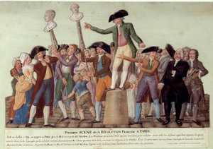 Erste Szene der Französischen Revolution in Paris: Am 12.07.1789, nach der Entlassung von Jacques Necker durch den König, rief Camille Desmoulins die Menge im Palais Royal zur Revolte gegen die Regierung auf. Die Büsten von Jacques Necker und Louis Phil