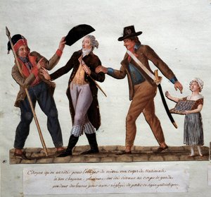 Französische Revolution: „Bürger wird gezwungen, eine nationale Kokarde auf seinen Hut zu setzen“ Gouache der Brüder Lesueur (18. Jahrhundert). Musée Carnavalet, Paris