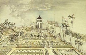 Niederländisches Haus mit umschlossenem Garten auf der Insel Java, Indonesien, Gravur von Unbekannt Unbekannt