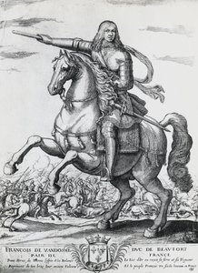 Reiterporträt von Franz von Bourbon-Vendome (1616-1669), zweiter Herzog von Beaufort und französischer General, Gravur von Nicolas de La Fage (1600?-1655) von Unbekannt Unbekannt