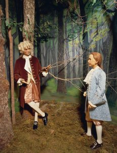 Frankreich, Schloss Chenonceau, Loiretal, Jean Jacques Rousseau gibt Unterricht im Garten von Chenonceau an den Sohn von Claude Dupin; Er wird eine Abhandlung für Emiles Erziehung schreiben, Reproduktion im Wachsfigurenkabinett von Unbekannt Unbekannt