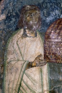 Fresko Käufer der Kirche Agia Anna, hält Modell der Kirche, Fresko von 1642, Anisaraki, Kreta, Griechenland von Unbekannt Unbekannt