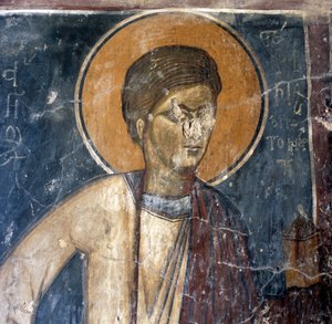 Fresko eines Heiligen in der byzantinischen Kirche Agios Georgios Xifoforos, Apodoulou, Kreta, Griechenland (Foto)