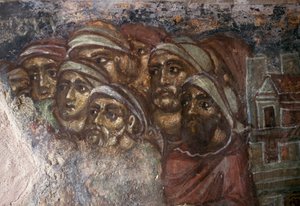 Fresko mit Männergruppe, byzantinische Kirche Ayios Stephanos, Drakona, Kreta, Griechenland