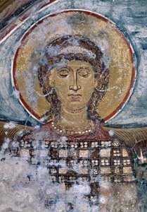 Fresko mit Heiligem in der byzantinischen Kirche Agios Georgios, Vathi, Kreta, Griechenland von Unbekannt Unbekannt