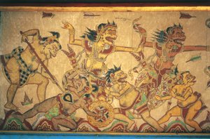 Fresken, die Szenen von Kämpfen zwischen Göttern und Dämonen darstellen, Kertha Gosa Pavillon, Klungkung Palast (Puri Agung Semarapura), Semarapura, Bali, Indonesien von Unbekannt Unbekannt