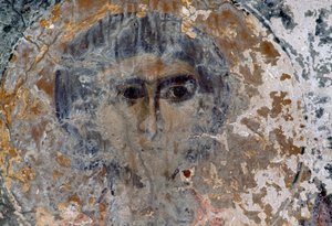 Männliche Figur, beschädigtes Fresko in der Kirche Metamorphosis Sotiros, Voutas, Kreta, Griechenland von Unbekannt Unbekannt