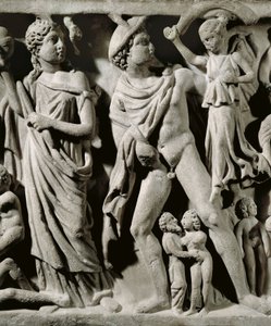 Marmorsarkophag, Relief darstellend den Mythos von Prometheus, Detail, Hermes und eine der Parzen, aus Arles von Unbekannt Unbekannt