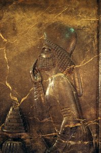 Meder-Beamter, der König Darius I. Tribut zollt, ca. 515 v. Chr., Relief aus dem Schatzhaus von Persepolis, Iran