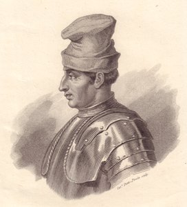 Porträt des italienischen Militärführers Niccolo Fortebraccio, auch bekannt als della Stella (1389-1435), Kupferstich von Caterina Piotti-Pirola von Unbekannt Unbekannt