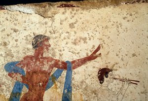 Prozession mit Athlet, Detail, Fresko aus dem Grab des Tauchers, Paestum, Kampanien, Italien, antike griechische Zivilisation, Magna Graecia, 3. Jahrhundert v. Chr. (Foto) von Unbekannt Unbekannt