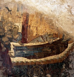 Überreste eines Freskos in der byzantinischen Kirche Agios Georgios Xifoforos, Apodoulou, Kreta, Griechenland von Unbekannt Unbekannt