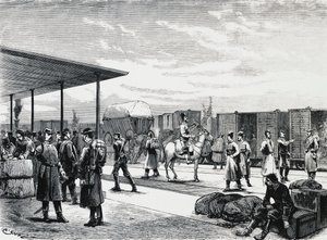 Russischer Militärkonvoi im Bahnhof Bustiu, auf der Strecke Bukarest-Galati, Russisch-Türkischer Krieg, Gravur, Rumänien