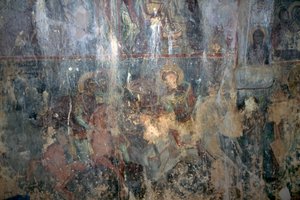 Heilige zu Pferd, Fresko in der byzantinischen Kirche Agios Athanasios, Kefali, Kreta, Griechenland