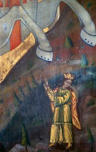 St. Georg und der Drache, Detail des Holzpaneels in der Kirche Agia Paraskevi, Anisaraki, Kreta, Griechenland (Detail) von Unbekannt Unbekannt