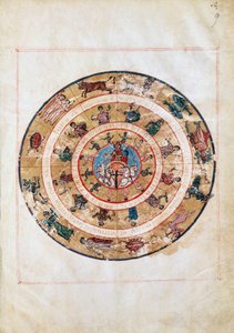 Der Sonnenwagen und die Tierkreiszeichen, Miniatur aus einem frühmittelalterlichen Manuskript, astronomische Tafel von Ptolemäus (ca. 100-175), hellenistische Zivilisation