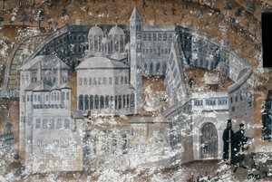 Ansicht des Klosters, Fresko im Kloster Ikosifinissis, nahe Serres, Griechenland von Unbekannt Unbekannt