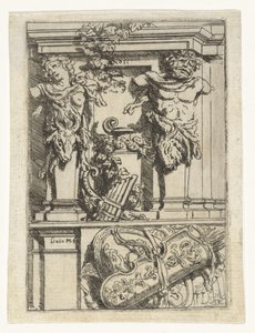 Zwei Karyatiden, eine Panflöte, Pfeil und Bogen und ein Schild