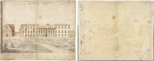 Achtzehn Ansichten von Rom: Das Collegio di Propaganda Fide (recto); Skizzen von Fenstern und Pilastern des Dachgeschosses des Collegio di Propaganda Fide (verso) von Lievin Cruyl