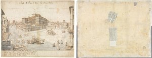Achtzehn Ansichten von Rom: Die Piazza Barberini (recto); Abzeichnung eines Brunnens von Recto und Skizzen von zwei Gesichtern (verso) von Lievin Cruyl
